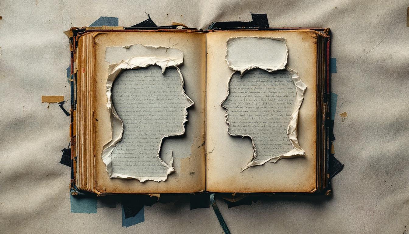 Two open books facing each other with speech bubbles of dramatically different sizes — collage illustration representing structural imbalance in NVC conversations