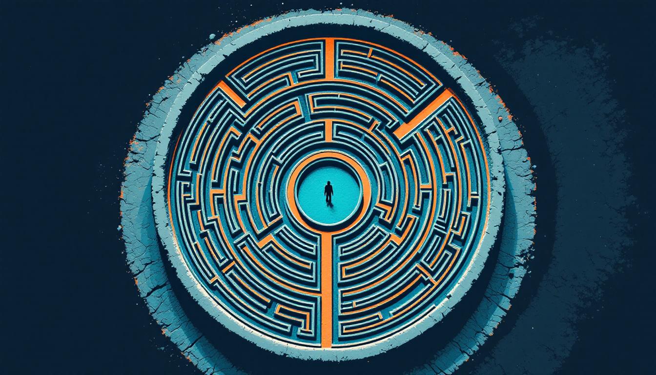 Aerial view of a labyrinth in cool blue-grey and terracotta — the compliance trap seen from above