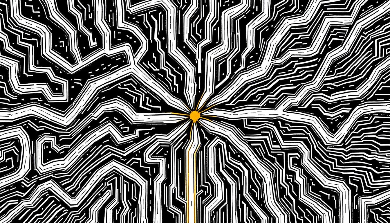 Aerial top-down woodcut illustration of branching paths radiating from one central origin — symbolizing how a single mentoring relationship multiplies into a community