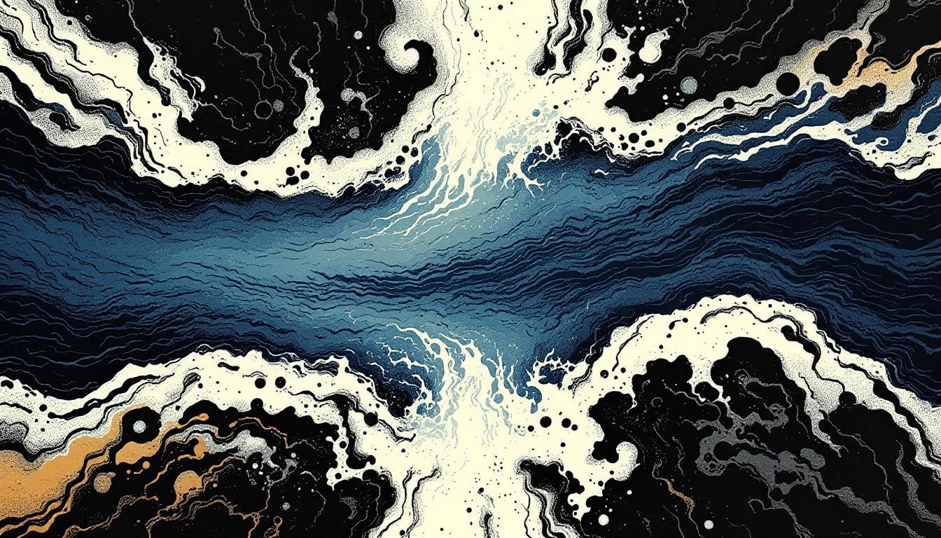 Bold woodcut-style two rivers merging — representing NVC and therapy flowing together as complementary practices
