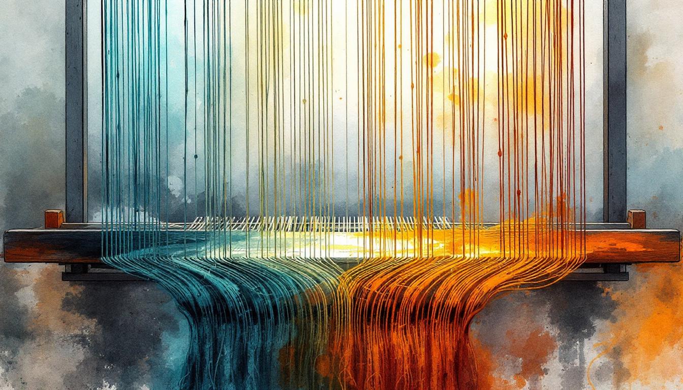 Watercolor illustration of a loom mid-weave with threads of varied colors converging — representing NVC and restorative circles building community accountability