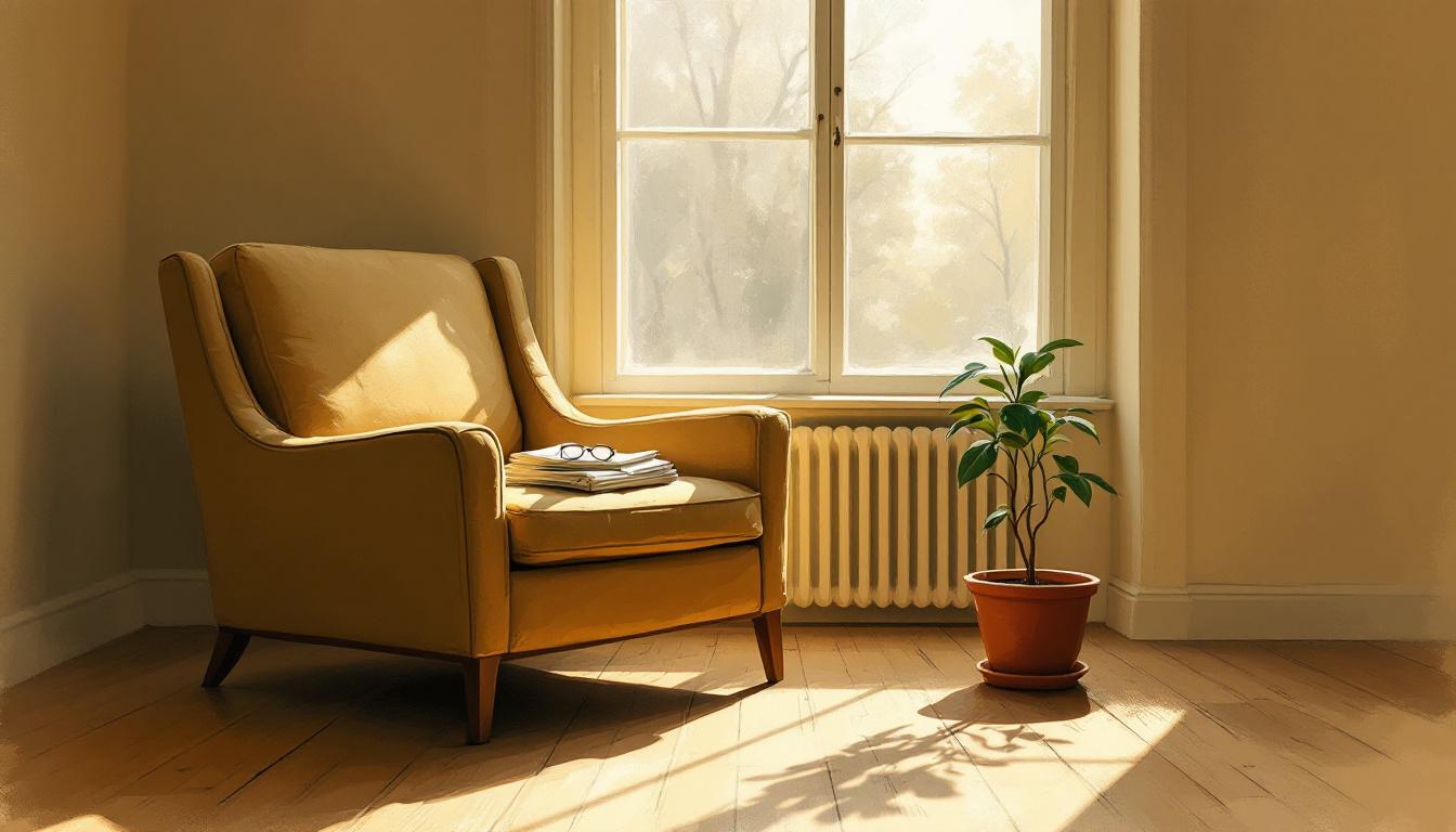A single armchair by a tall window in morning light — a life fully lived, independence held close