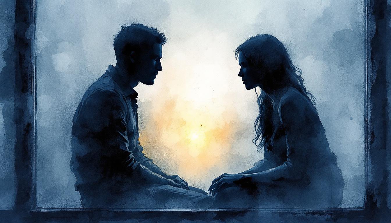 Two silhouettes seen through frosted glass at blue hour, sitting together in wordless presence
