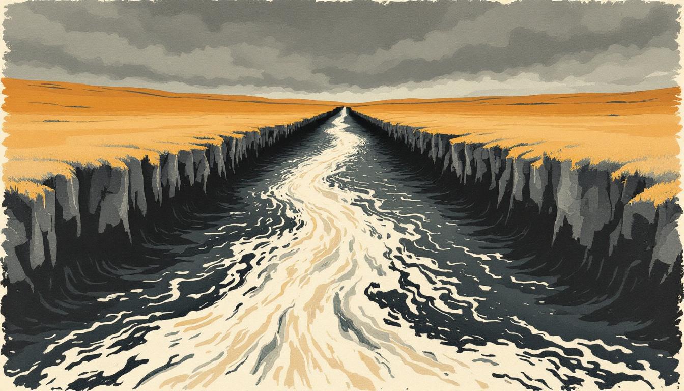 Two opposing river currents meeting at a fork — woodcut illustration