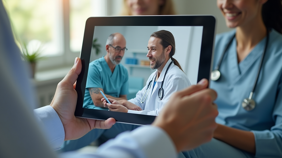 Close-up view of a tablet screen showing a telehealth video call with a healthcare provider