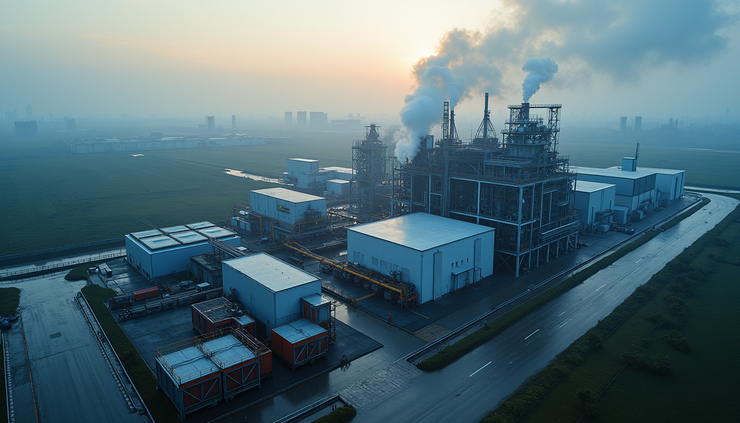 Vista aérea de fábrica industrial com linhas de produção modernas