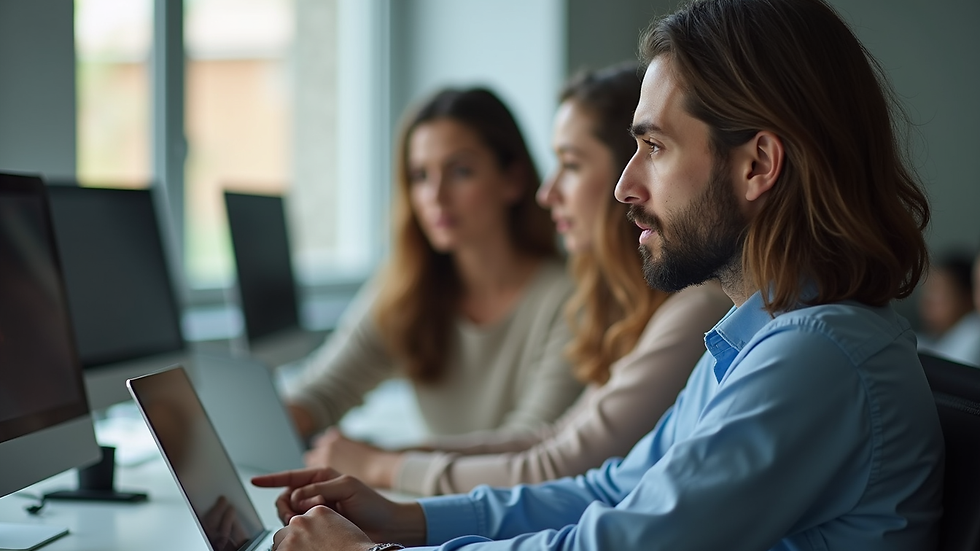 Visão lateral de uma equipe discutindo estratégias de marketing digital em ambiente descontraído