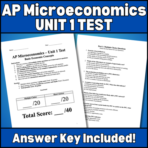 AP Microeconomics Unit 1 Test – Multiple Choice & Free Response with ...