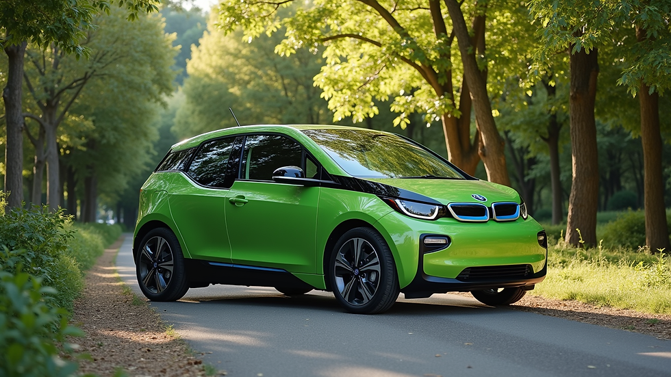 High angle view of a green electric vehicle parked in a natural setting