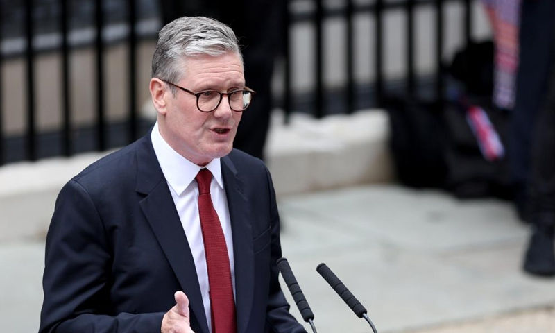 Keir Starmer delivers his first speech as British prime minister in front of 10 Downing Street in London, Britain, July 5, 2024. (Xinhua/Li Ying)
