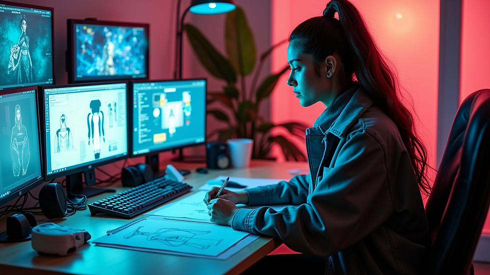 High angle view of a fashion tech workspace with multiple screens and design sketches