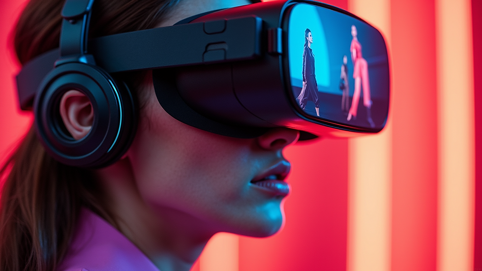 Close-up view of a virtual reality headset displaying a fashion show