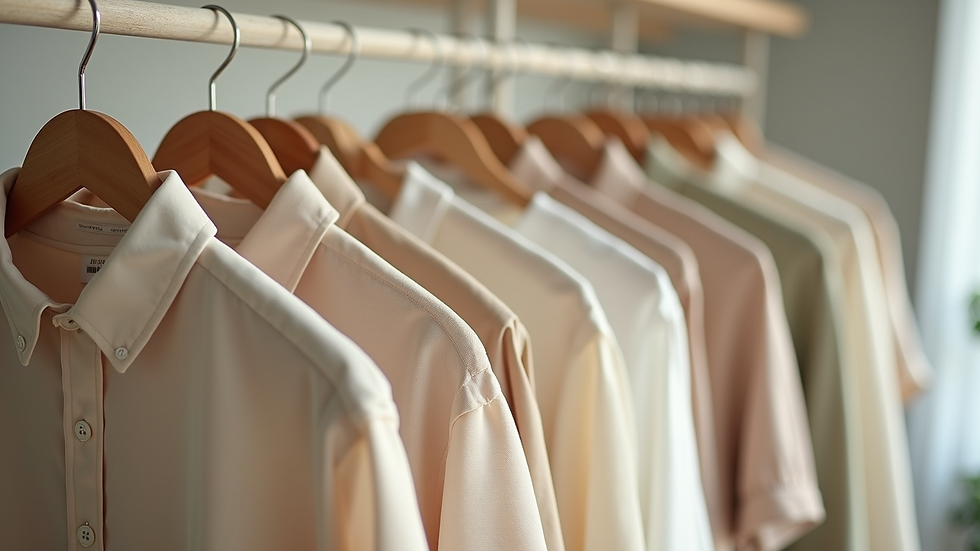 Eye-level view of a clothing rack featuring organic cotton shirts in neutral tones