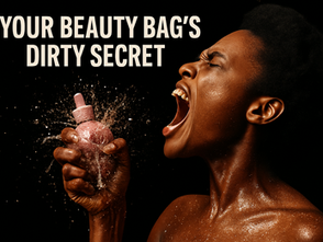 African American woman shouting with power while crushing a glitter-covered plastic serum bottle, serum exploding mid-air, symbolizing rebellion against toxic beauty products; editorial beauty photo with bold lighting and dramatic expression.