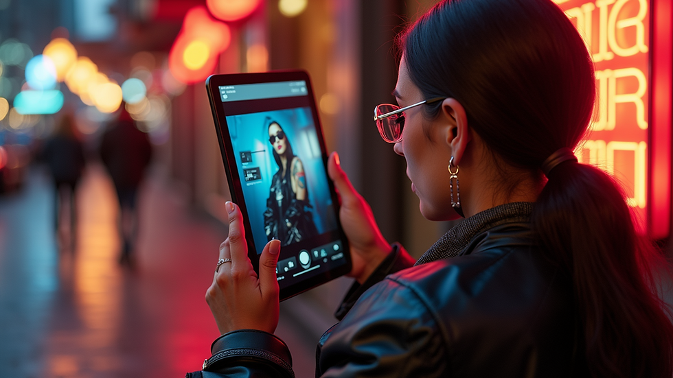 Eye-level view of a fashion blogger using a tablet with AI styling app