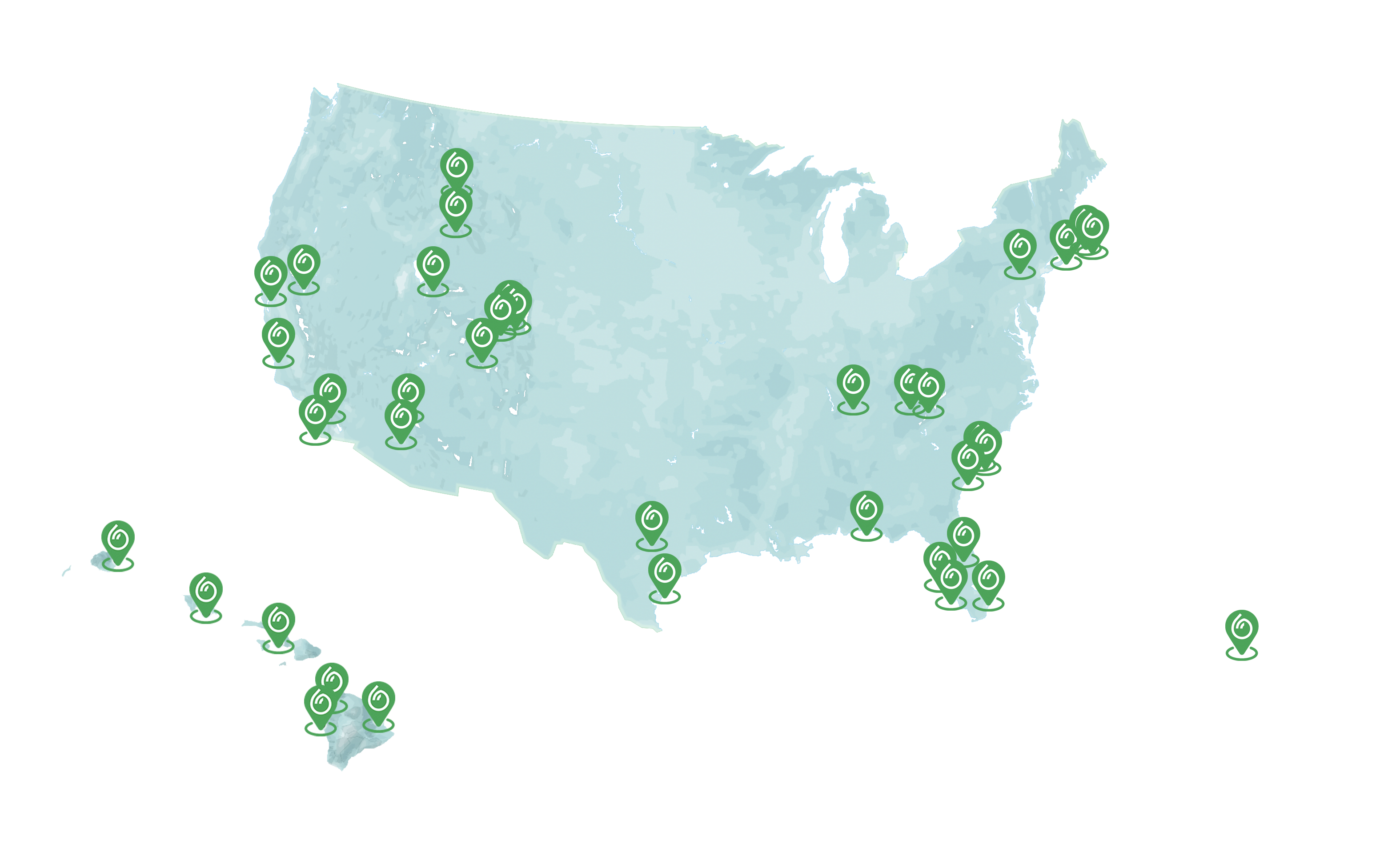 Map of the USA with map pins indicating Dumpling's vacation grocery delivery fulfillment network.