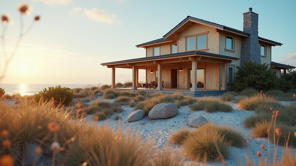 Eye-level view of coastal home exterior with visible insulation installation