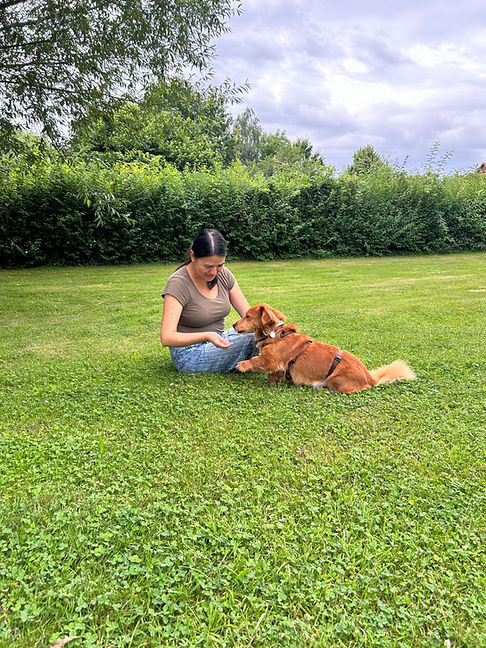 Tierphysiotherapeutin mit kleinen braunen Hund im Garten; ruhige Interaktion, positive Bindung und achtsame Unterstützung für gesundes Bewegungsverhalten