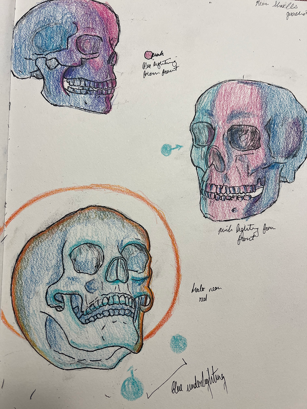 Three small rough sketches of skulls in dynamic lighting in pen and coloured pencil with a focus on studying where the light is coming from