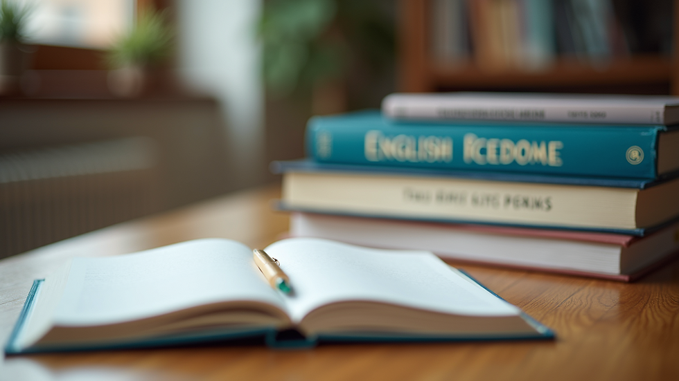 Eye-level view of a study desk with English learning books and a notebook
