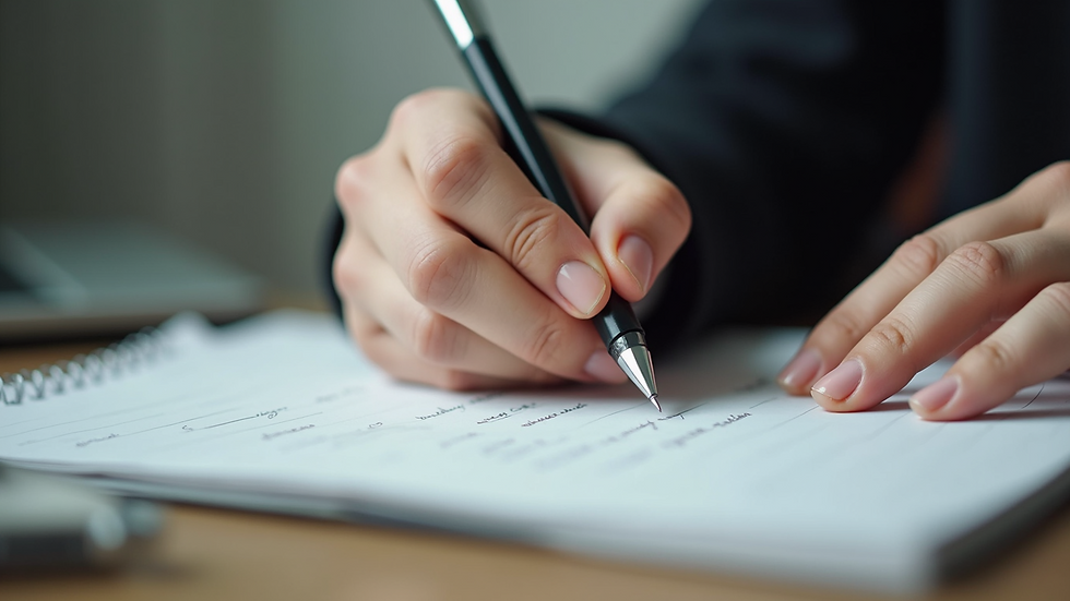 Eye-level view of a person writing English notes in a notebook with a pen