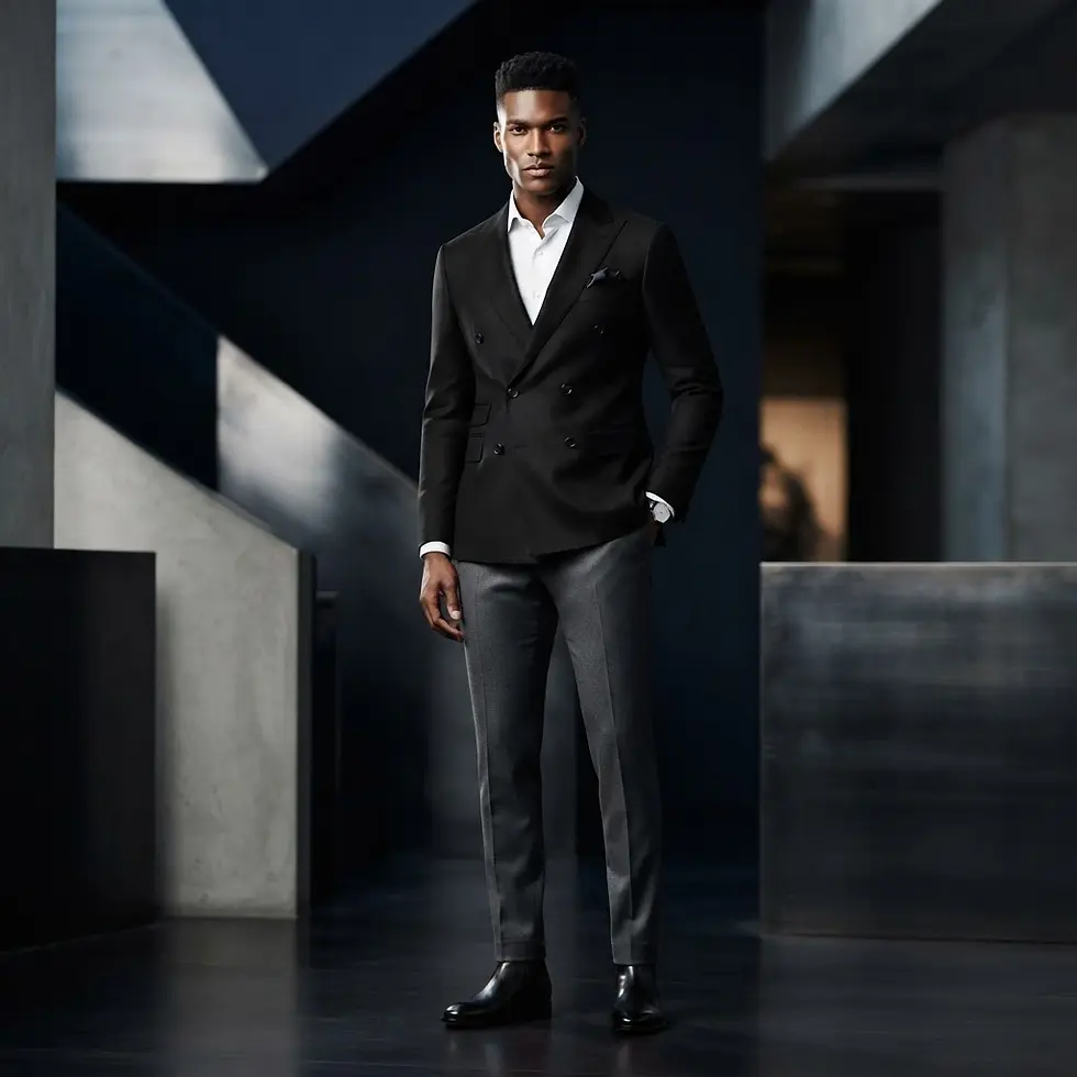 Fashion photography of a Black man in a sharp suit standing in a modern architectural interior. The mood is sophisticated and professional.