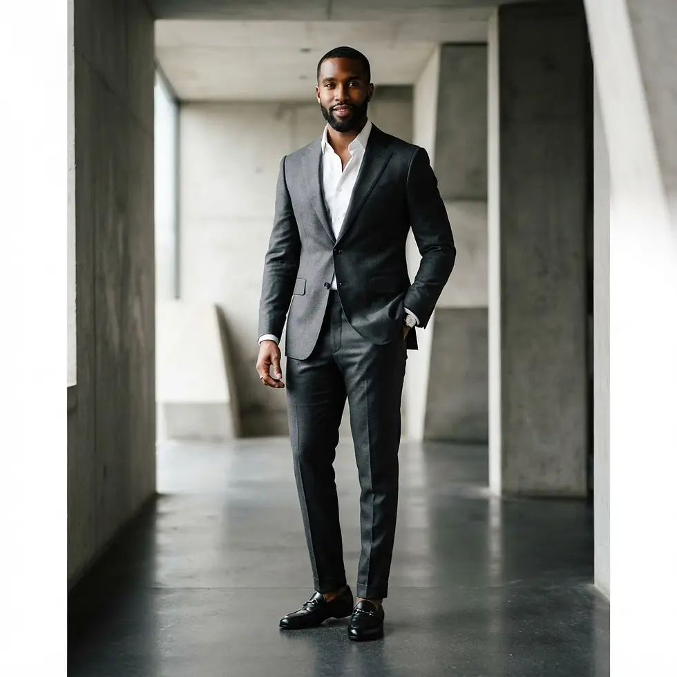 Digital photography of a Black man in a sharp dark suit. He stands confidently in a modern architectural hallway.