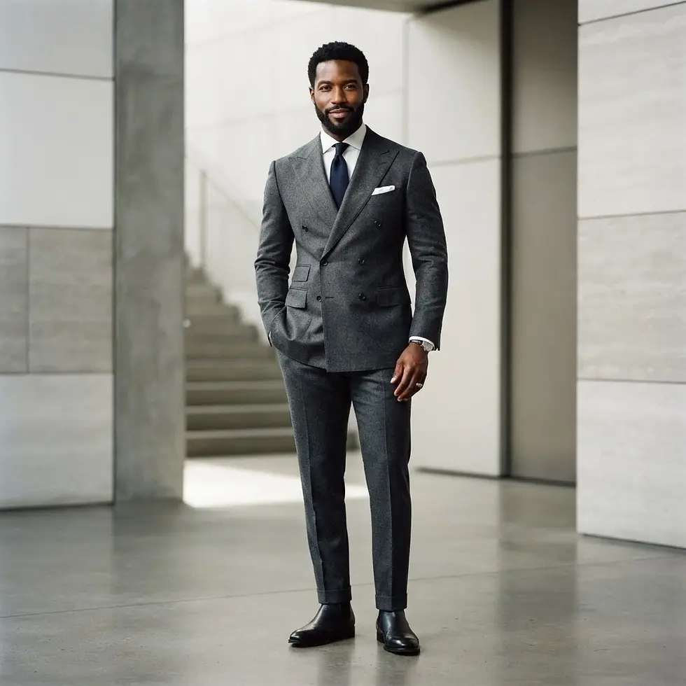 Commercial photography of a confident Black man in a sharp double-breasted suit, standing with hands in pockets in a modern interior.