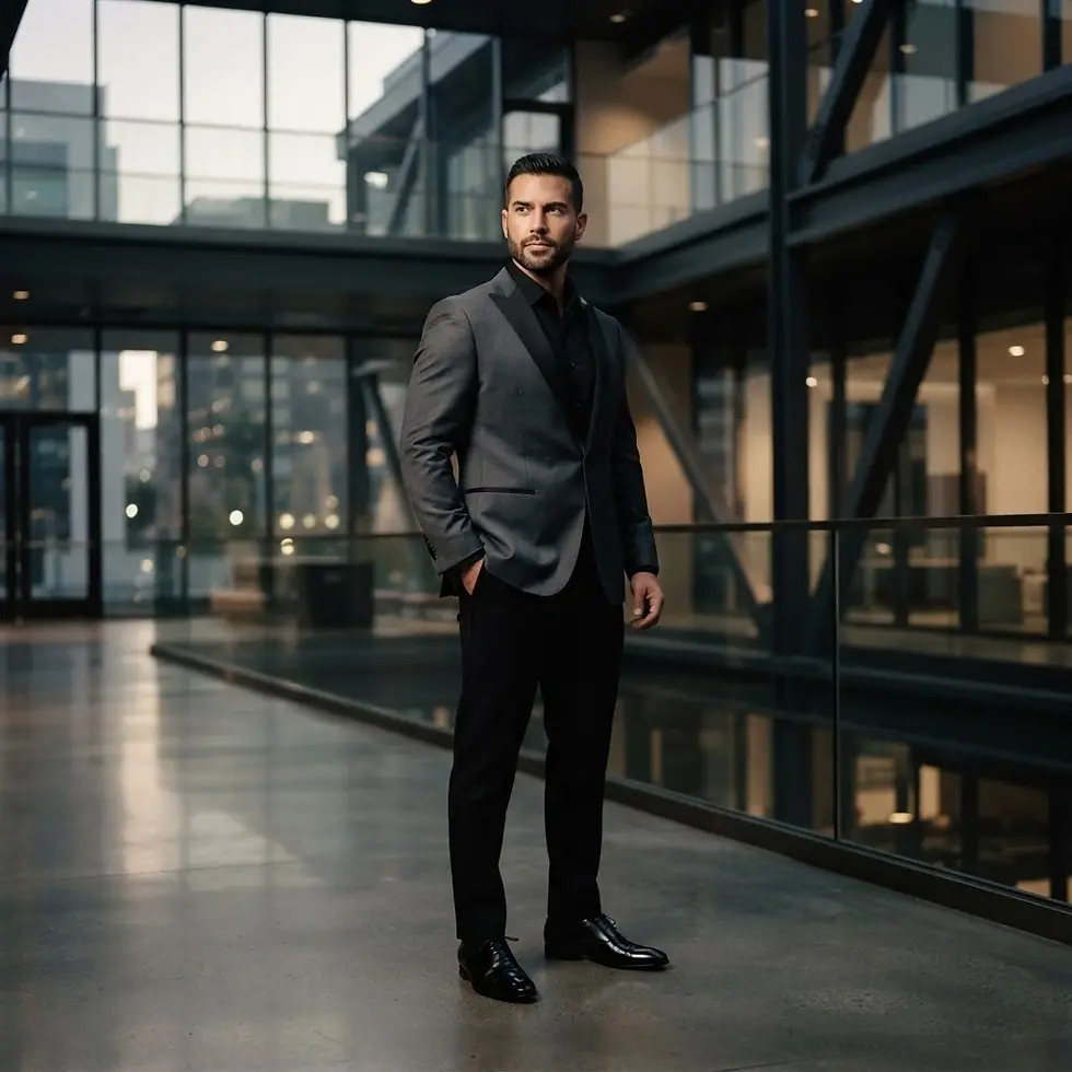 Studio photography of a man in a dark, formal suit standing in a sleek, modern office building atrium. The man is looking off-camera with a confident expression.