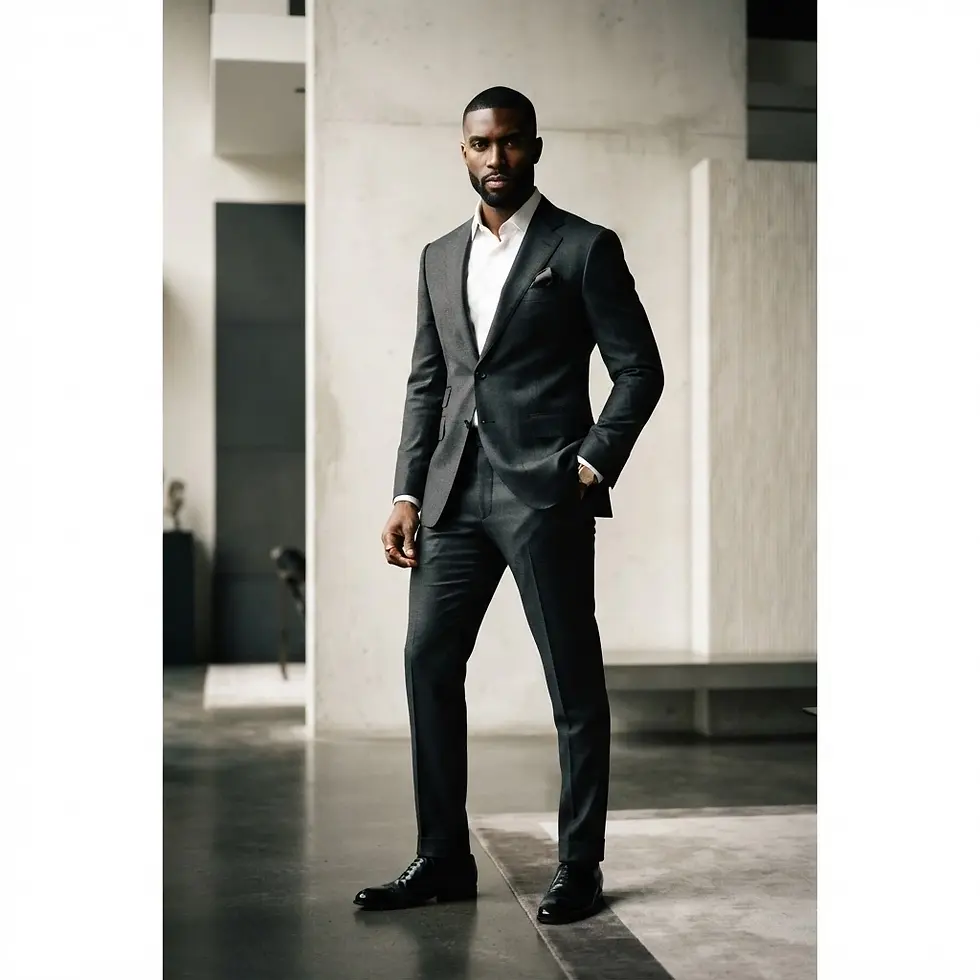 Studio photography of a Black man standing confidently in a formal grey suit. The backdrop is a modern, minimalist interior.