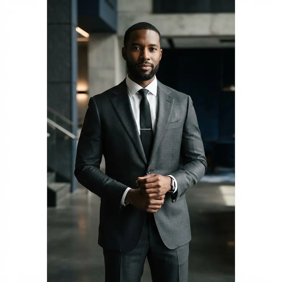 Corporate portrait of a professional Black man in a dark suit, standing confidently in a modern office interior.