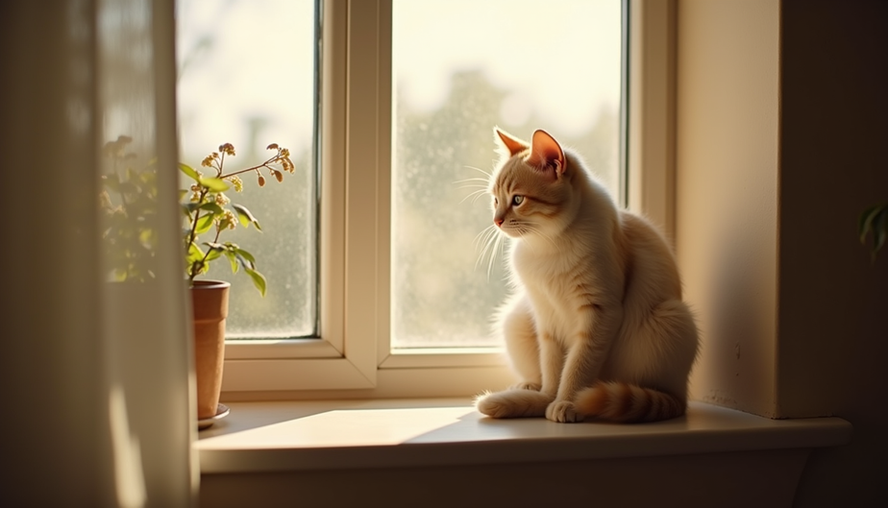 Close-up view of a cat sitting peacefully on a windowsill with sunlight streaming in