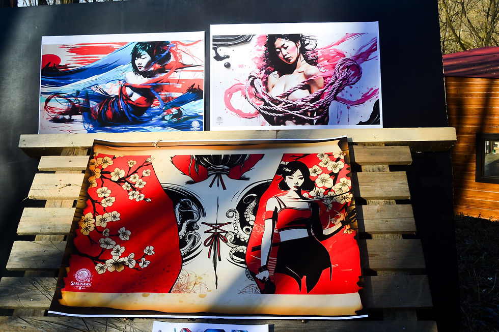 Different Sakunawa art print sizes from A1 to A4 shown in home environment