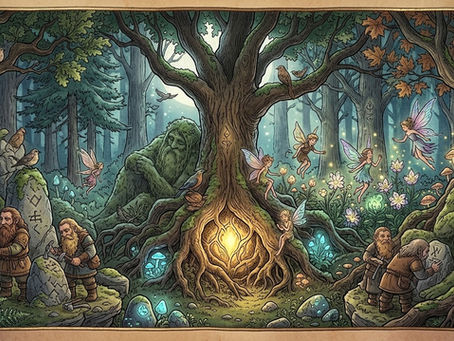 Eine detaillierte, ilustierte Zeichnung eines magischen Waldes. Im Zentrum steht ein massiver, alter Baum mit verdrehten Wurzeln, an dessen Basis ein. warmes Licht leuchtet. Auf der linken Seite meißeln Zwerge an mit Runen versehenen Felsen, daneben ruht ein bärtiger Steintroll. Rechts fliegen Feen durch die Luft, während weitere Zwerge Symbole betrachten. Das Bild ist in Grüntönen gehalten und strahlt eine ruhige, mystische Atmosphäre aus.