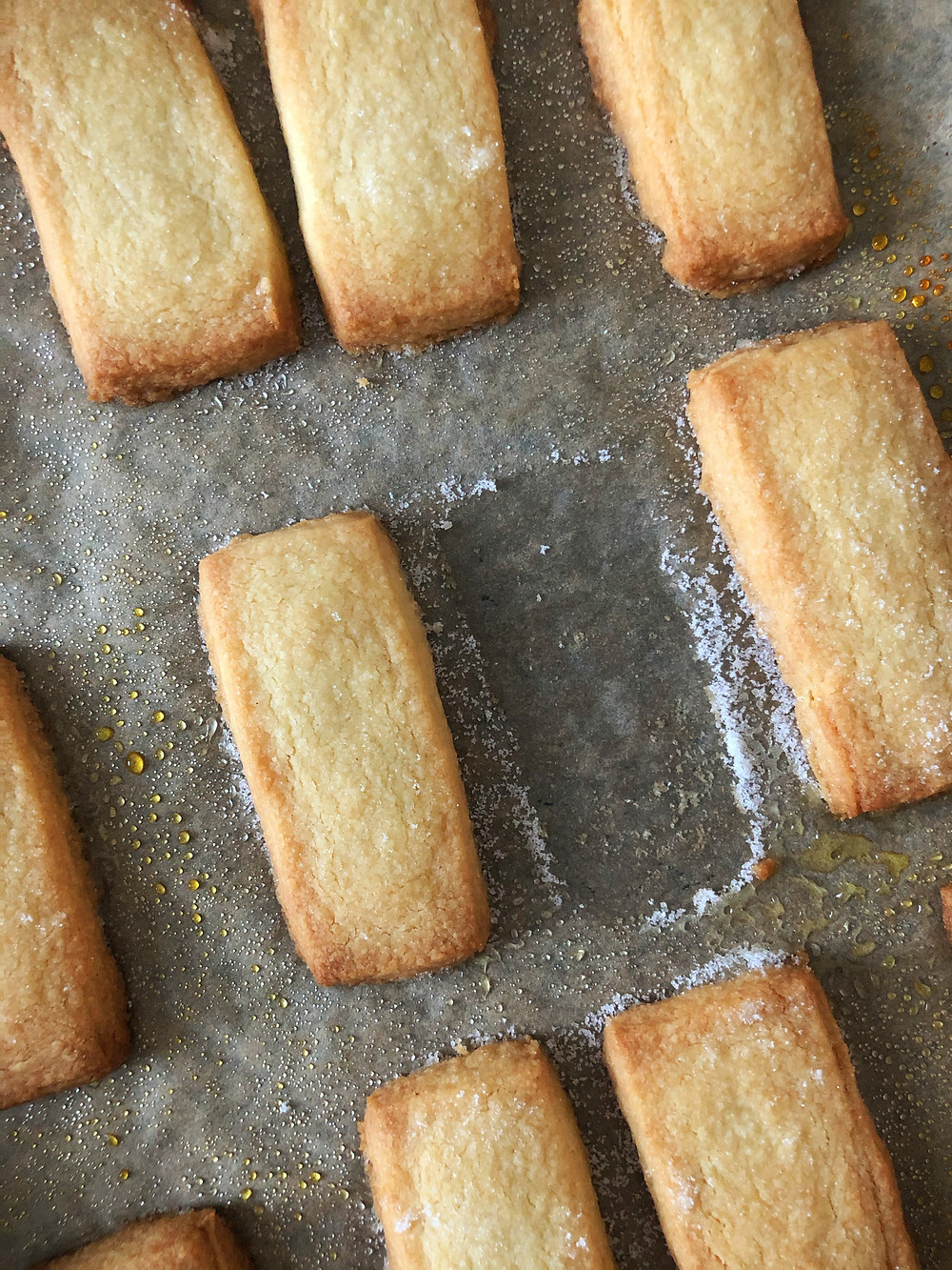 Shortbread biscuits cooked on a baking tray