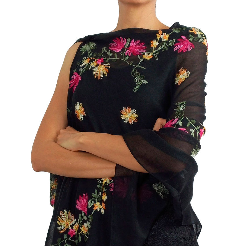 Miniatura: Echarpe Feminino Bordado Flores Preto