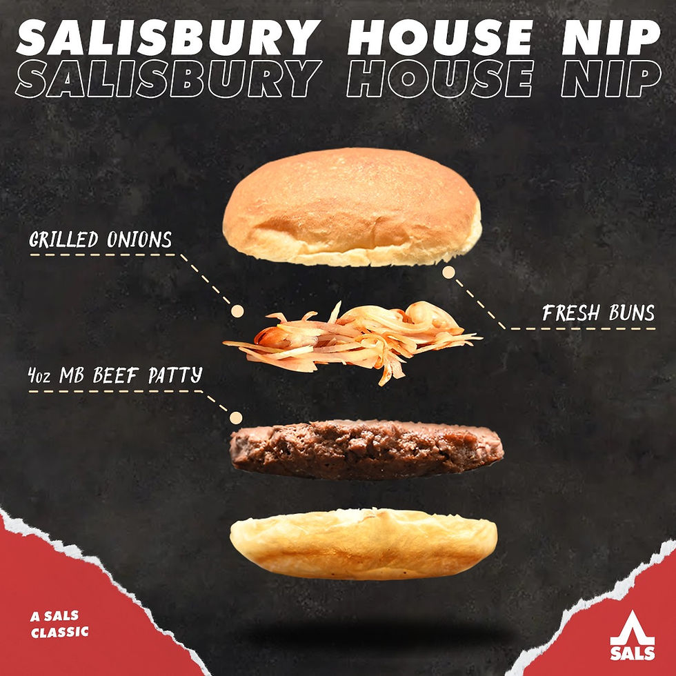 A social media post from Salisbury House. A picture of the house nip. Burger is broken up to sections with arrows pointing to ingredients. Fresh Bun, Grilled Onions, 4oz MB Beef Patty, Fresh Bun.