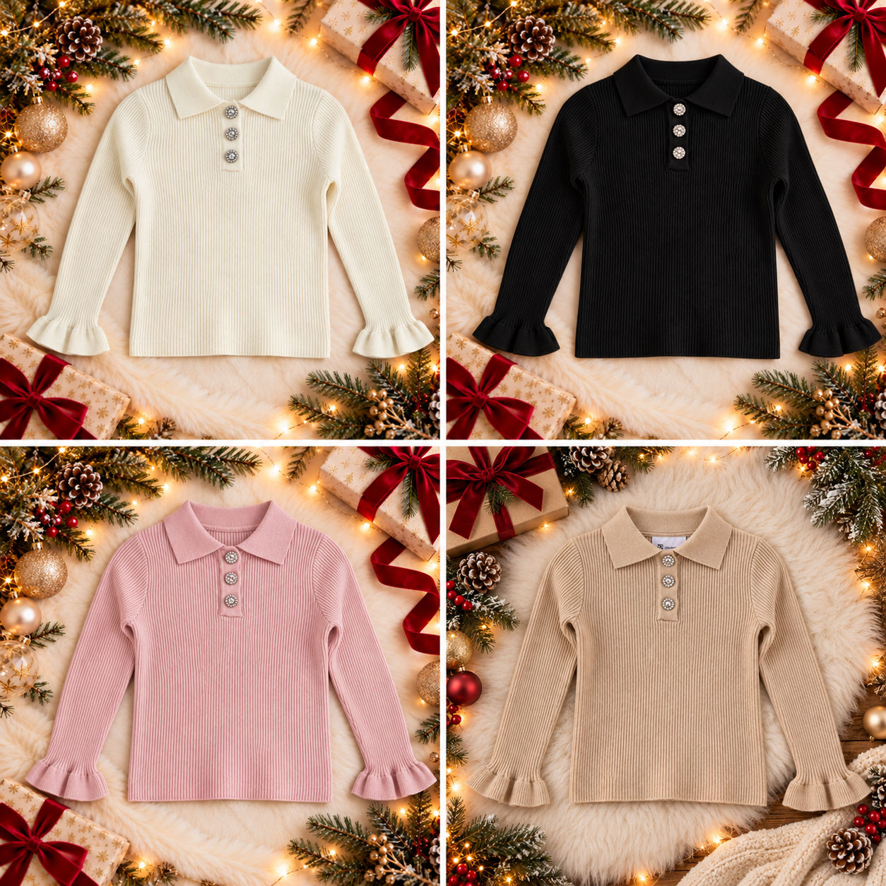 Knitted Long Sleeved Top with Diamanté Buttons Ivory/Black/Pink/Camel
