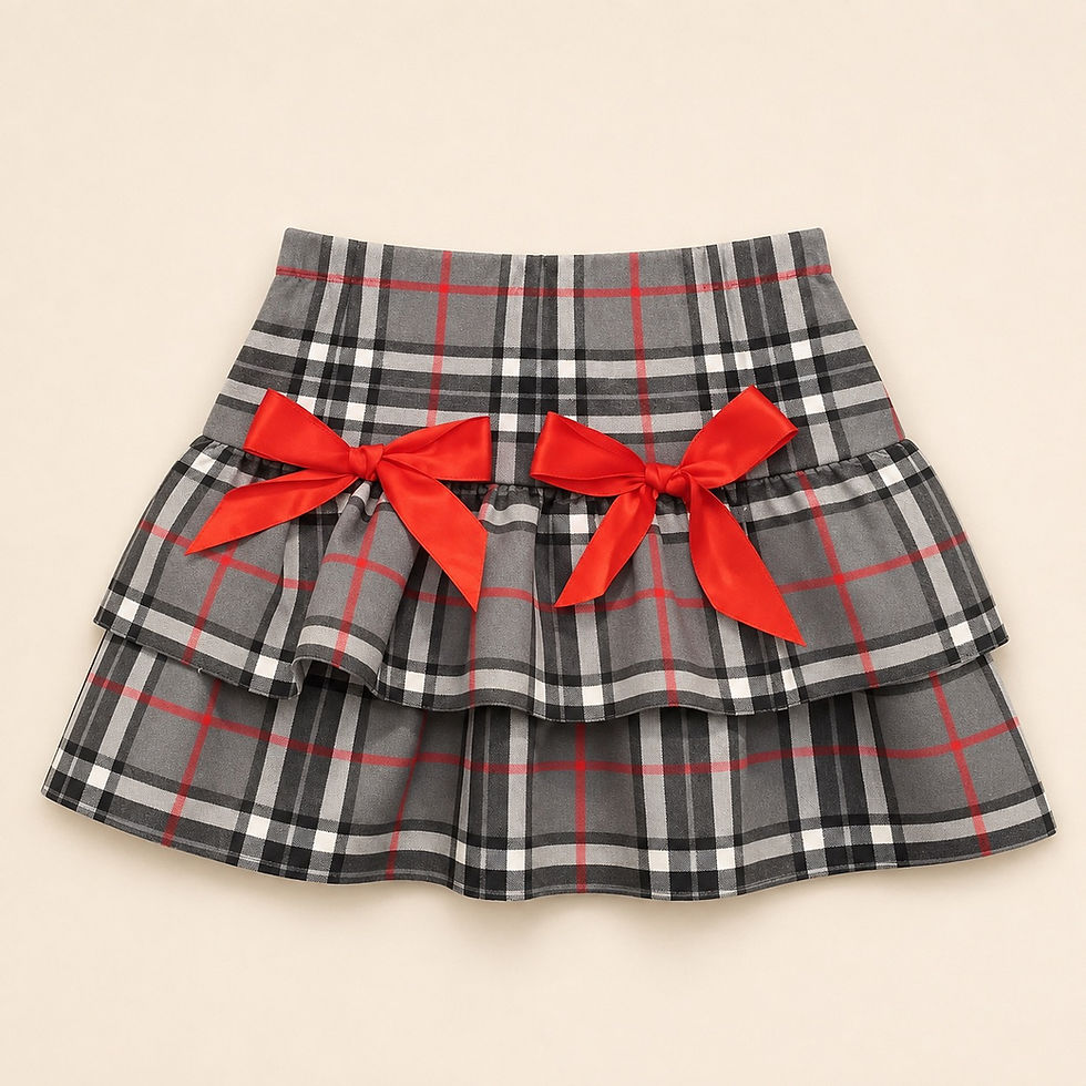 Thumbnail: Isla Tartan School Uniform Skirt with Bow & Frills, Grey/Black/Red