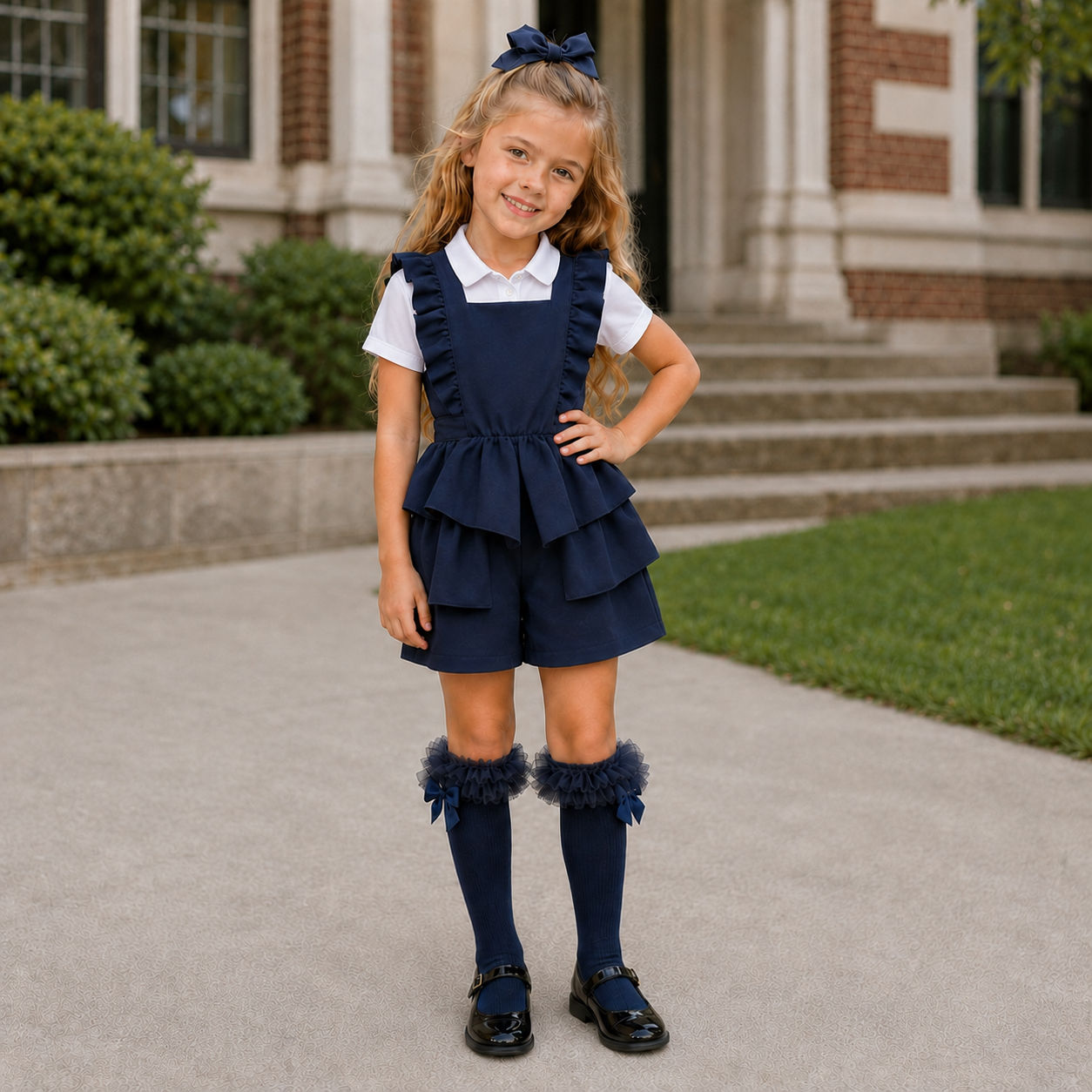 Girls Navy School Uniform Playsuit with Ruffles/Frills