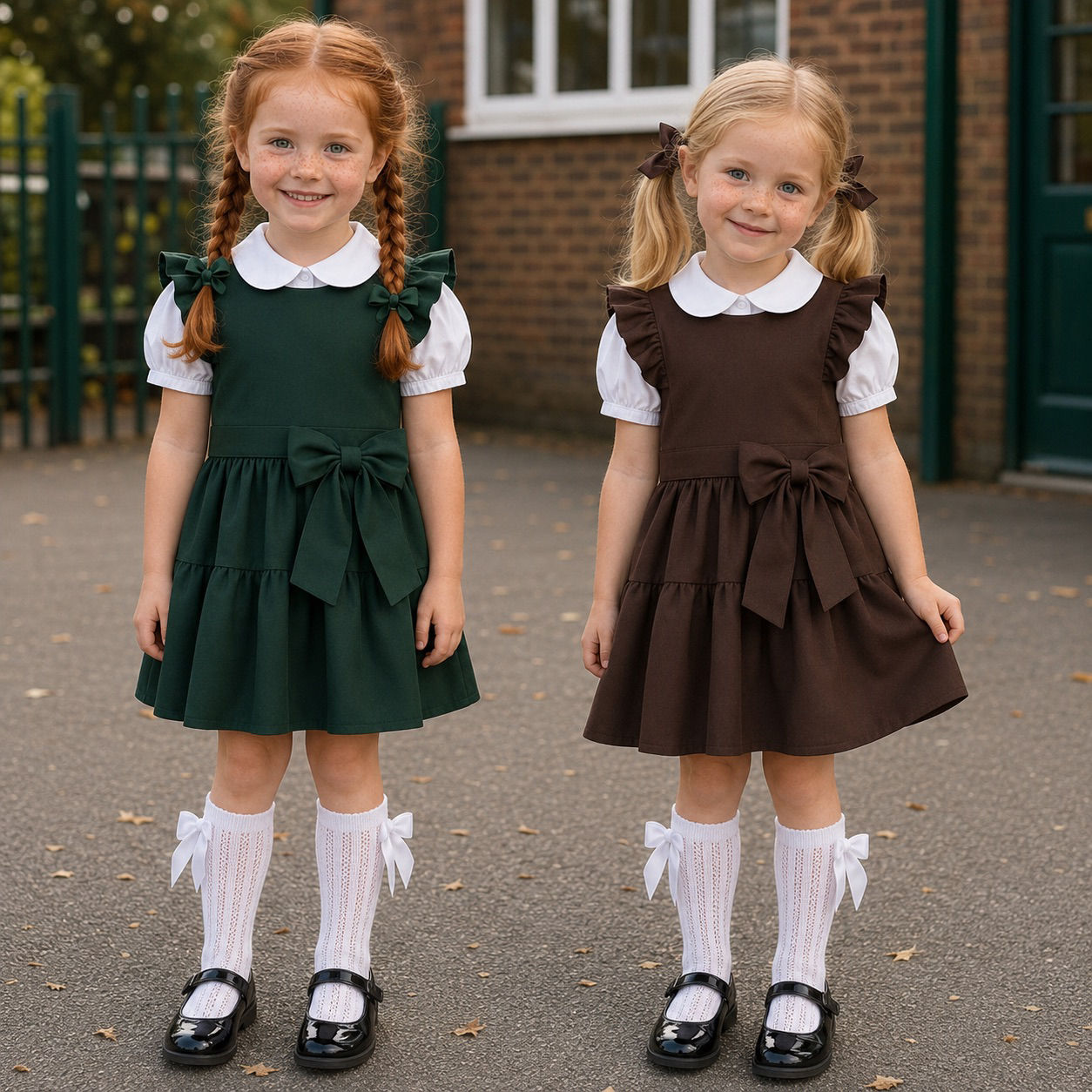 Girls Brown/Green School Dress & Blouse Set Classic Uniform