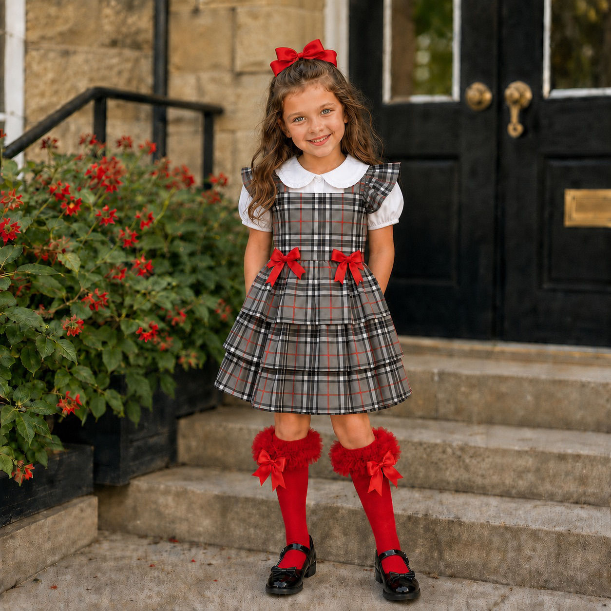 Isla Tartan School Uniform Dress with Bow & Frills, Grey/Black/Red