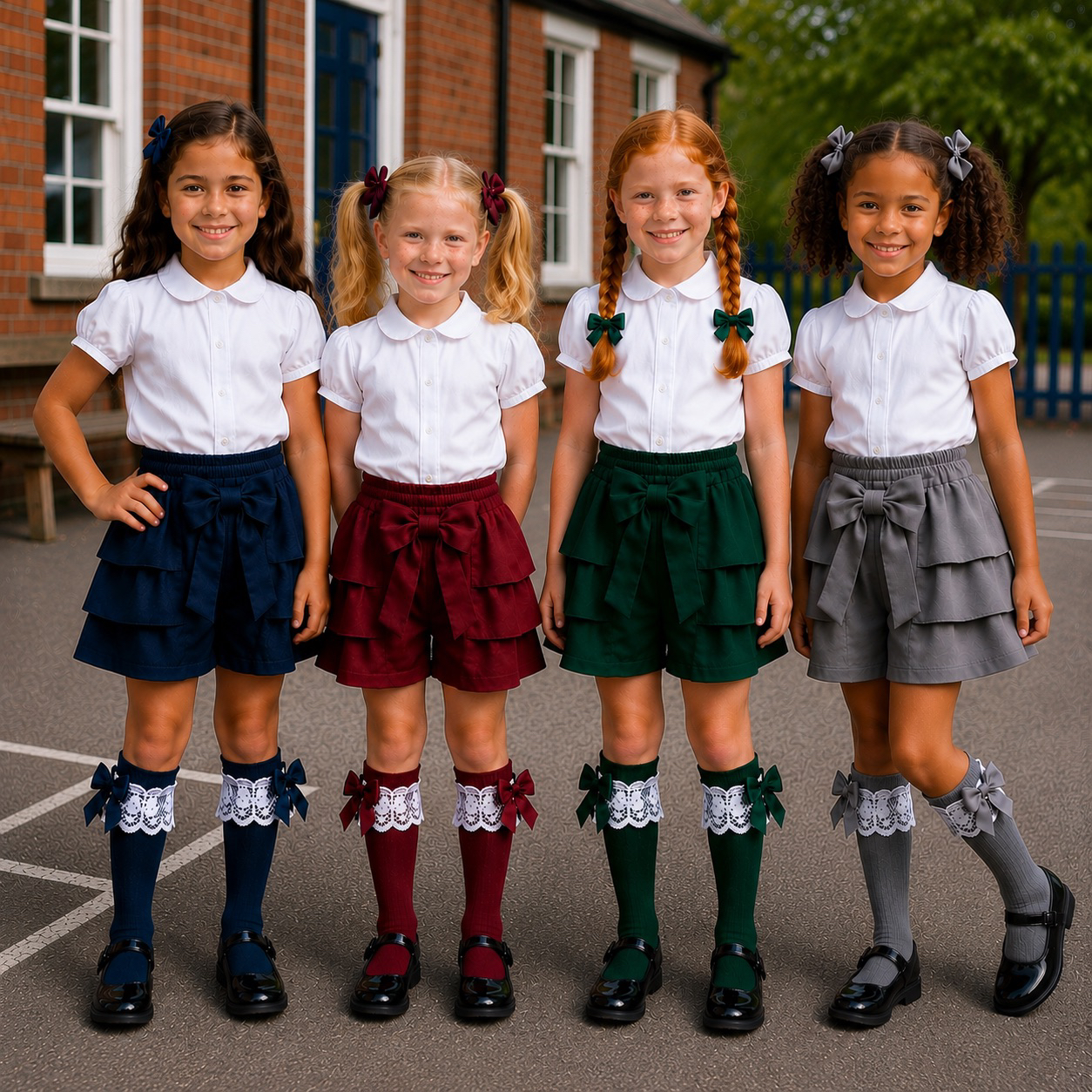 Elegant children in classic navy school uniform pinafore dresses standing together.