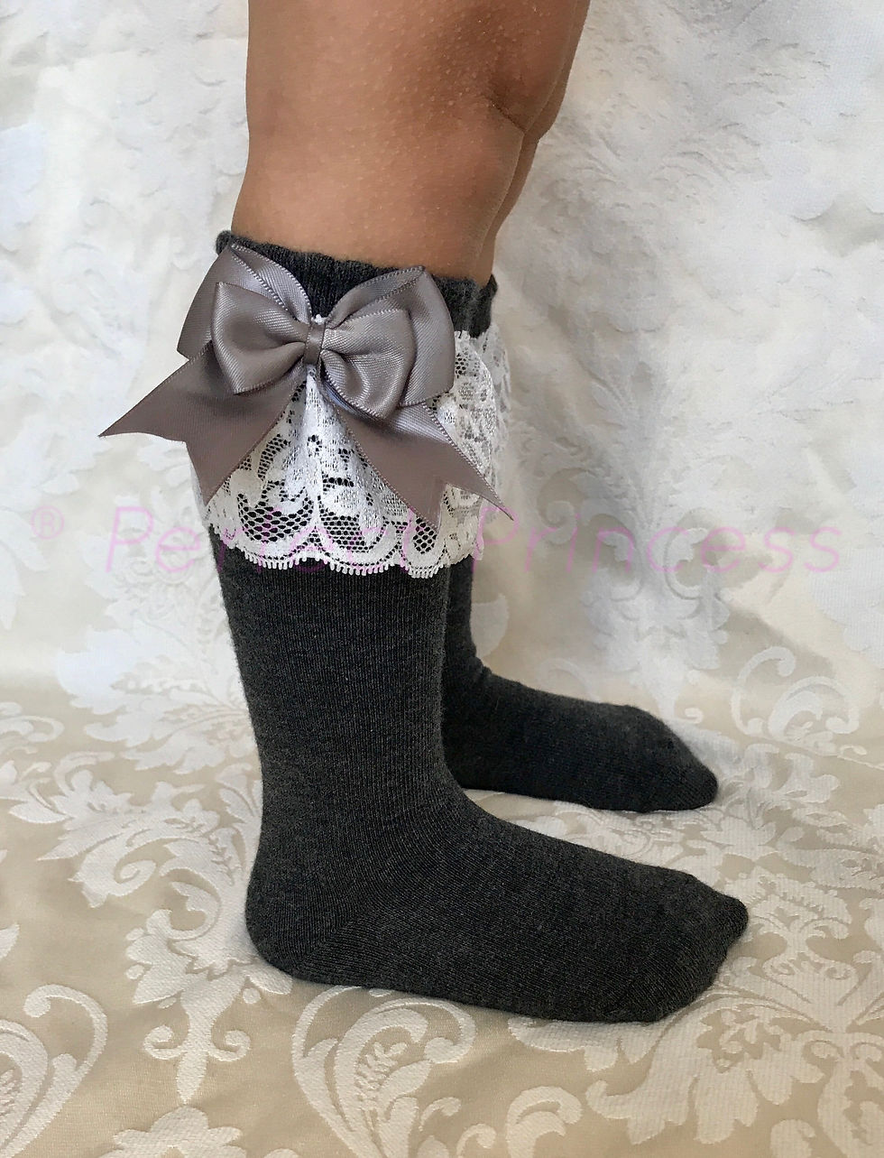 Thumbnail: Knee high lace socks with bows, grey school uniform for baby and girls