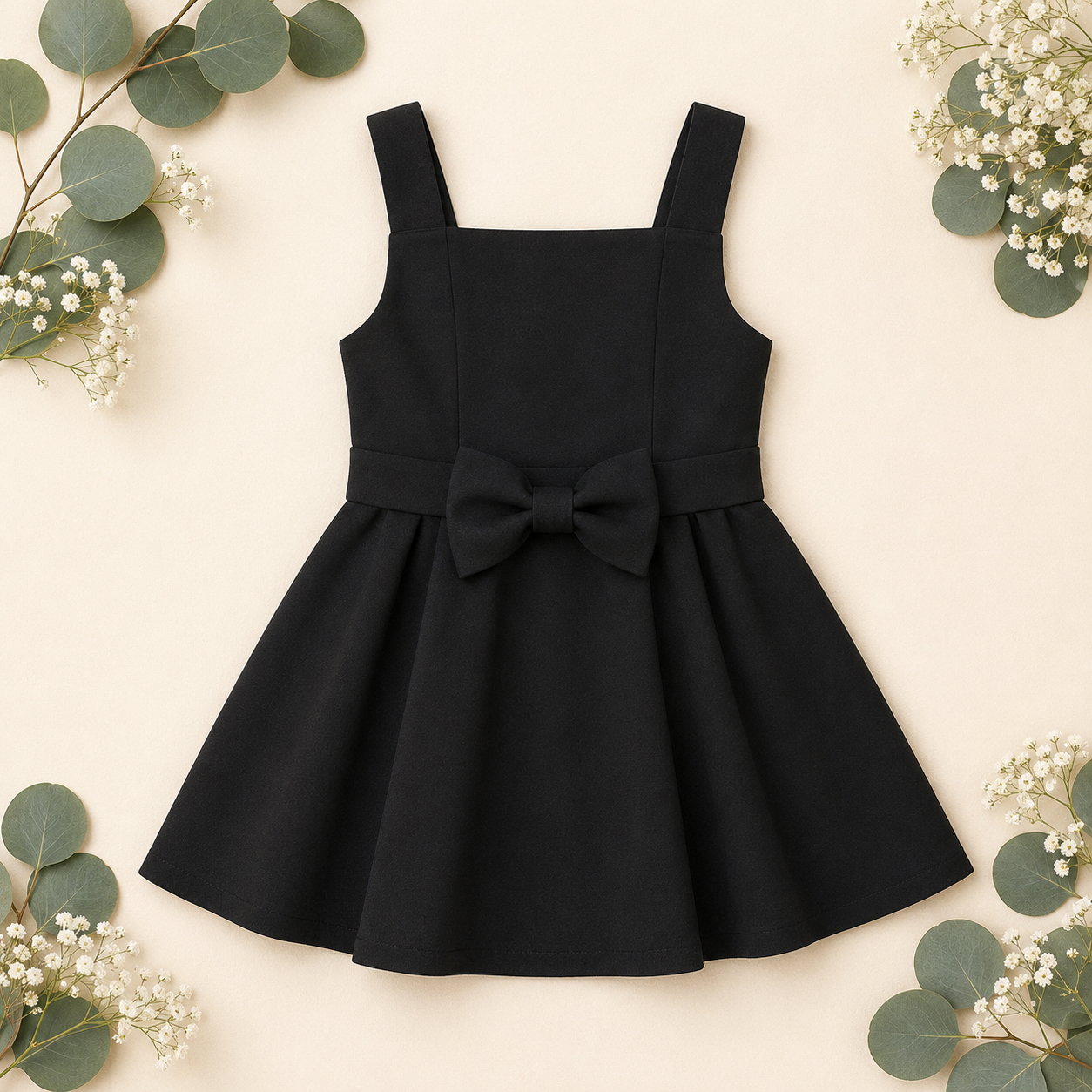 A classic navy blue school pinafore dress hanging on a wooden hanger.
