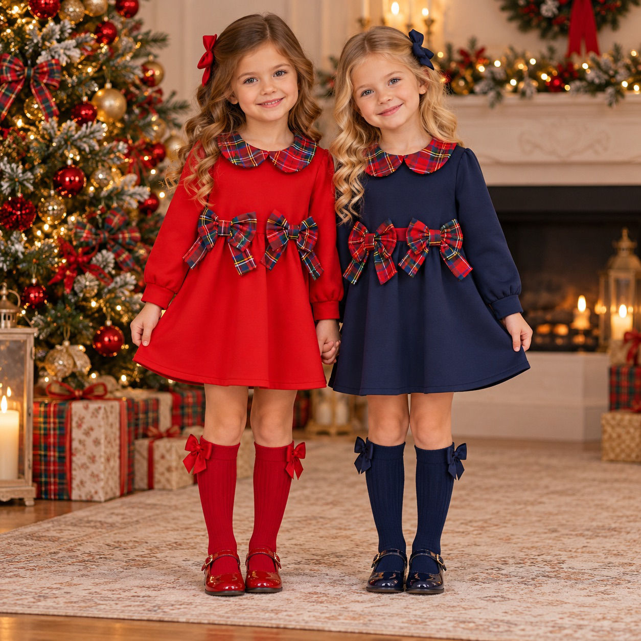 Girls Christmas Dress with Tartan Bows and Collar Red/Navy
