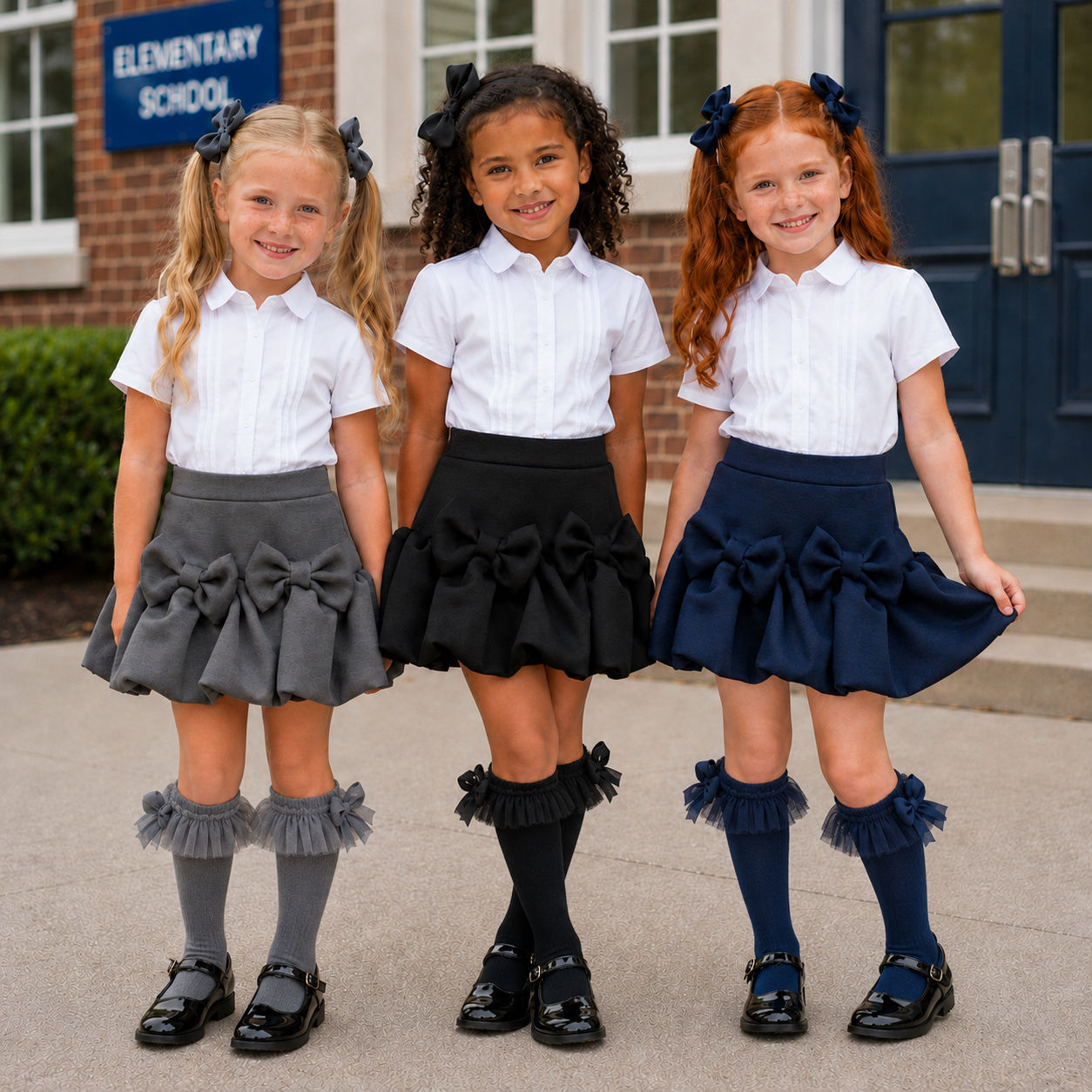 Girls Olivia School Bubble Skort with Bows Navy/Grey/Black School Uniform