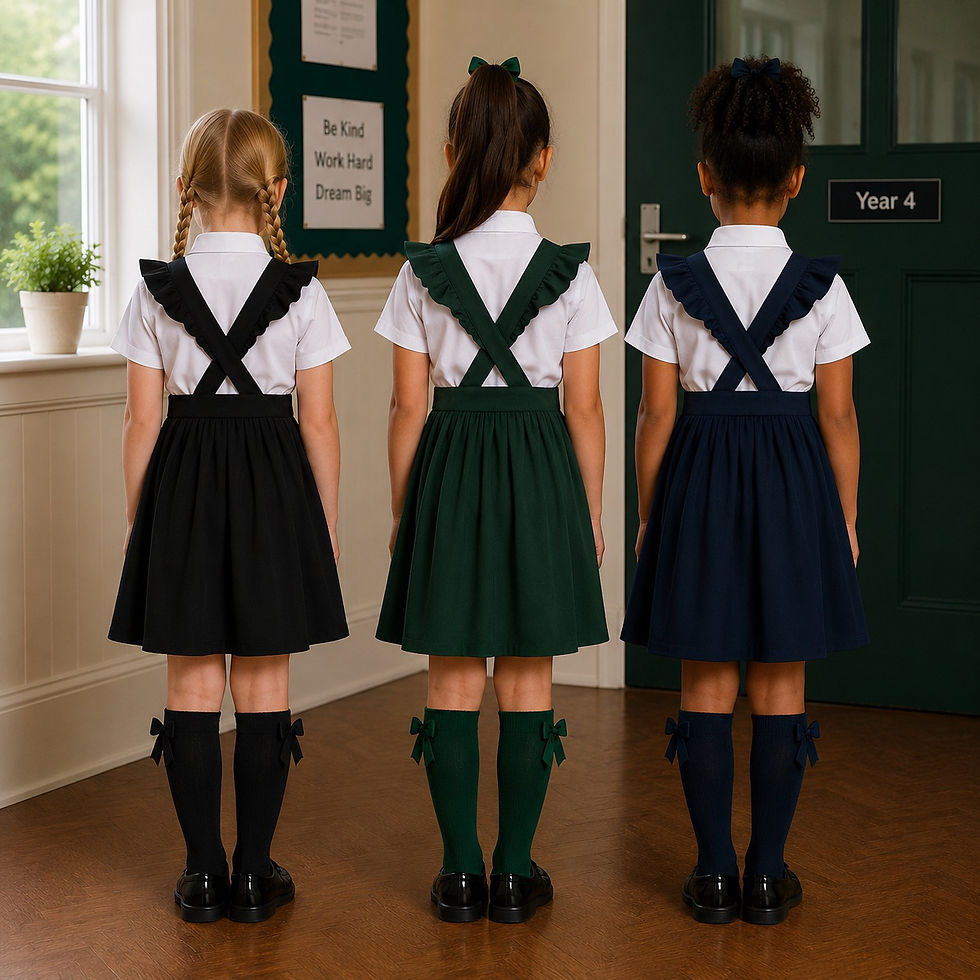 Thumbnail: School pinafore dresses, dark green, navy and black bows frills