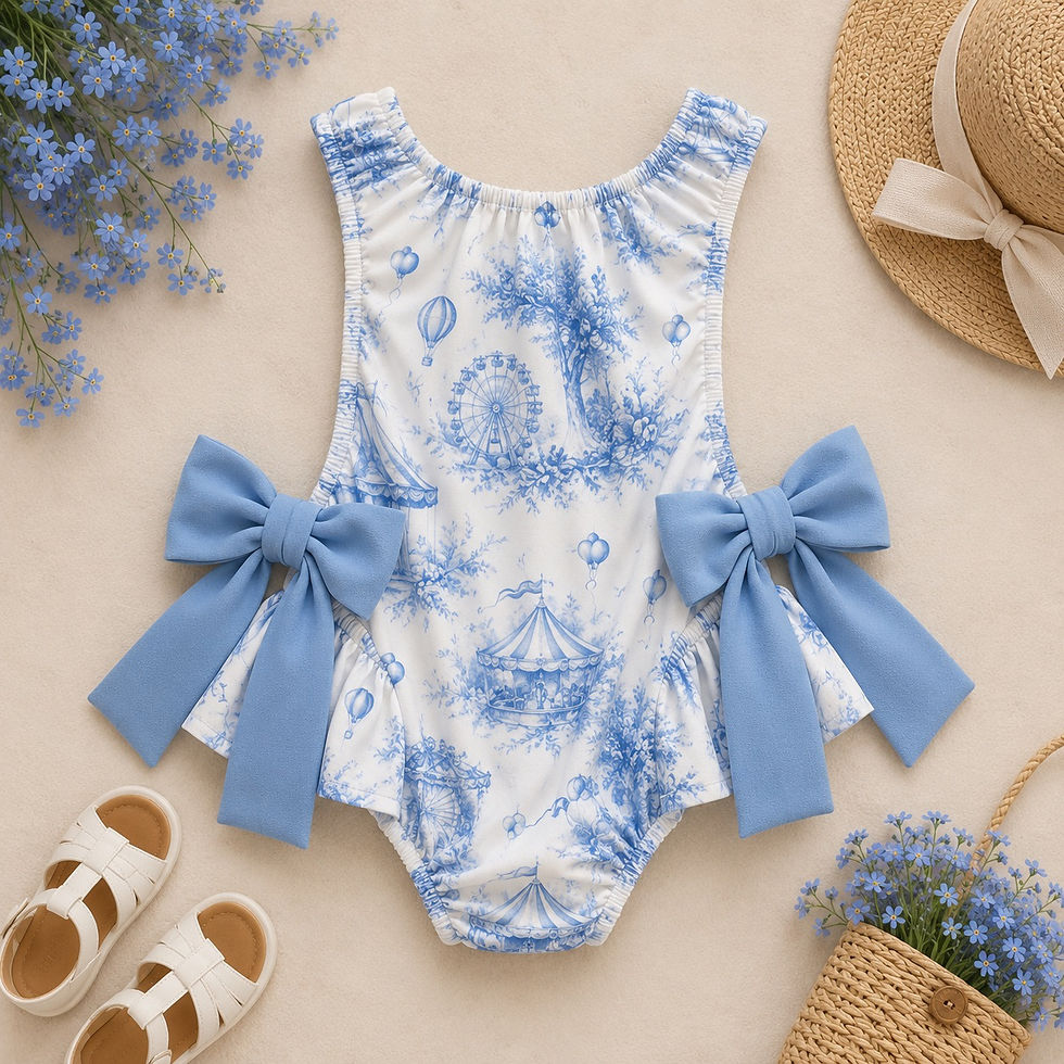 Thumbnail: Spanish Swimsuit with Blue Vintage Carousel Pattern, Frills and Bows