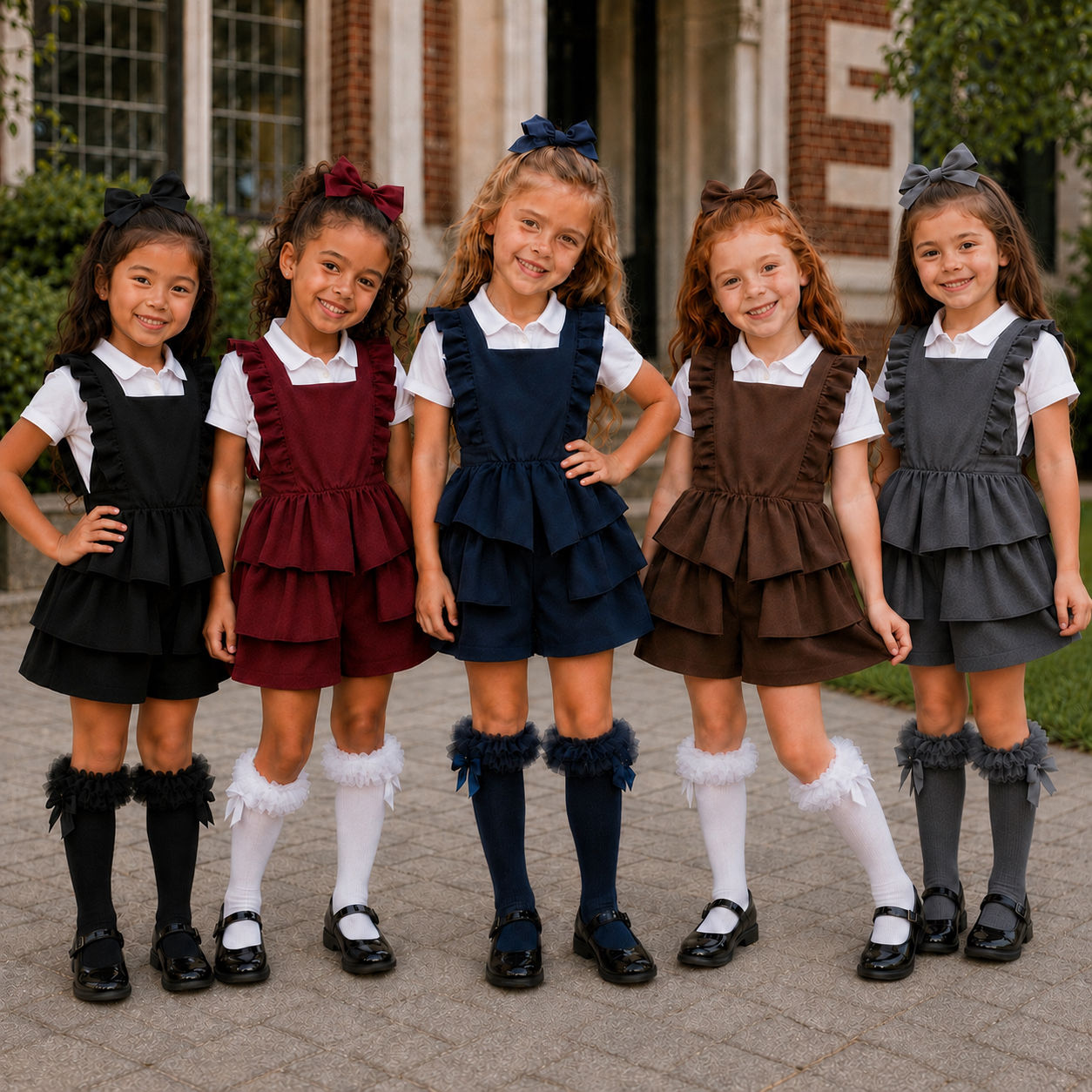 Girls Emily School Uniform Playsuit with Ruffles/Frills in Grey/Navy/Brown